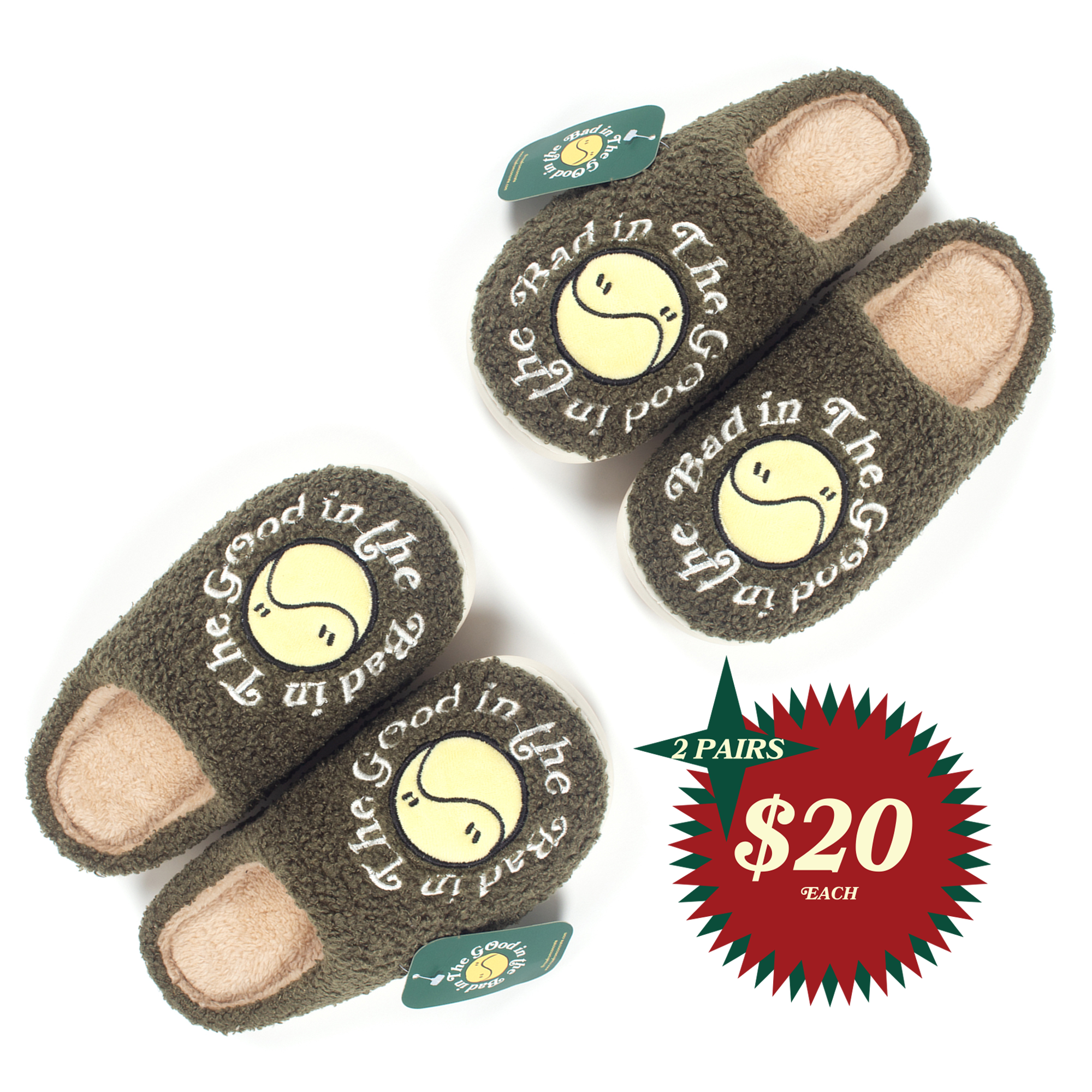 THE GOOD IN THE BAD HOUSE SLIPPERS - 2 PAIRS BUNDLE - (OLIVE GREEN)